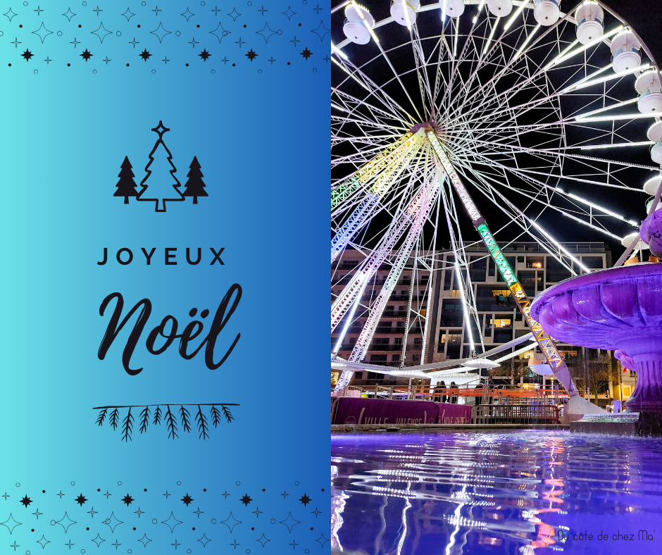 photo de grande roue de nuit avec texte Joyeux Noël