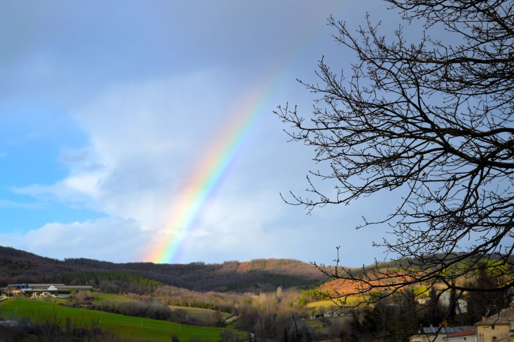 un arc en ciel au dessus d'un paysage verdoyant 