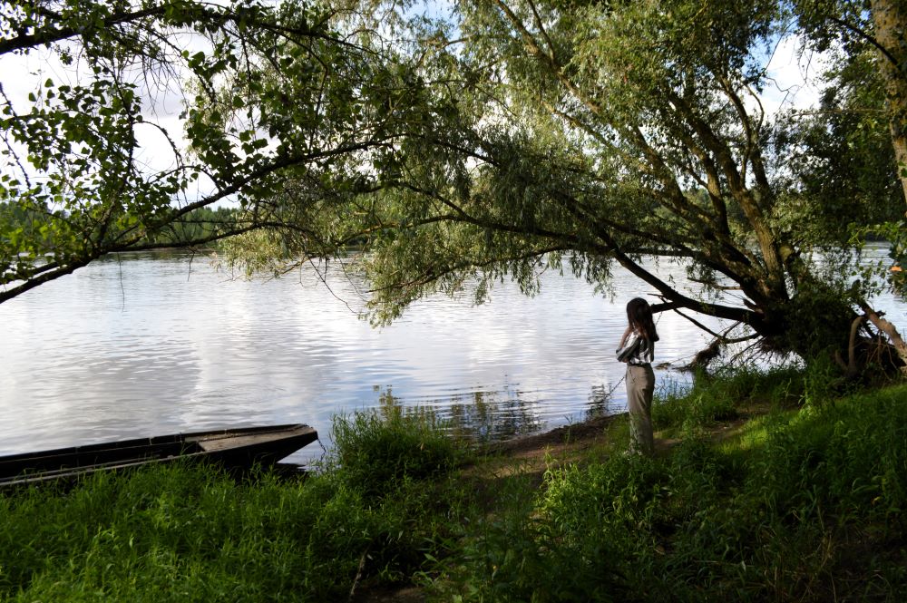 personnage sous un saule au bord de la rivière