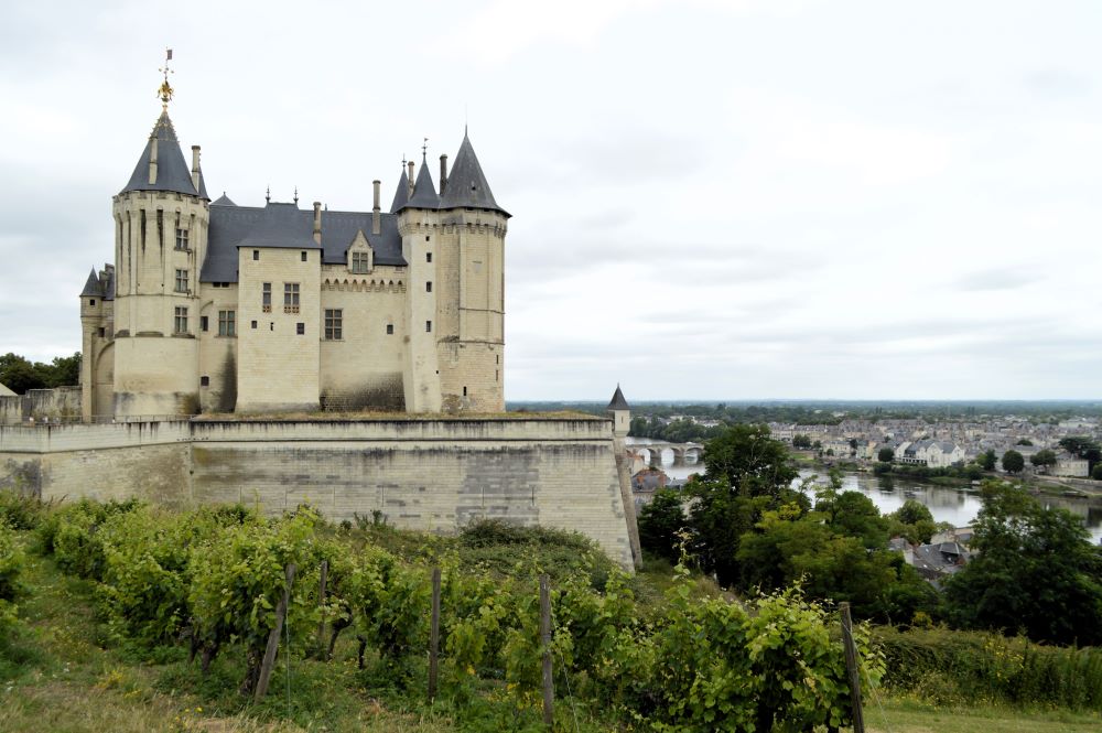 un château en pierre blanche, perché sur une terrasse entourée de vignes