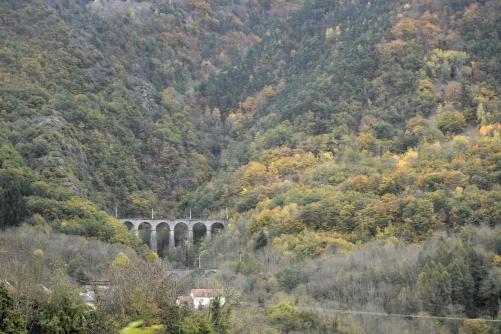 viaduc au milieu d'arbres aux couleurs automnales