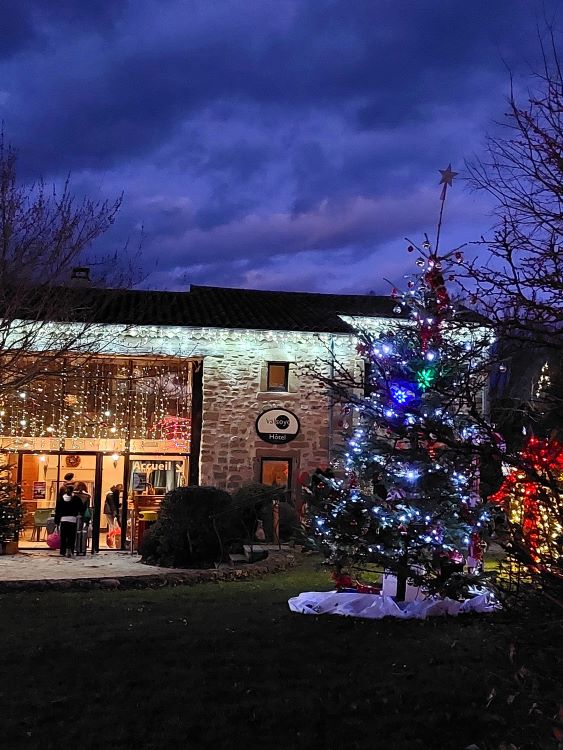 sapin de Noël décoré et illuminé devant une maison