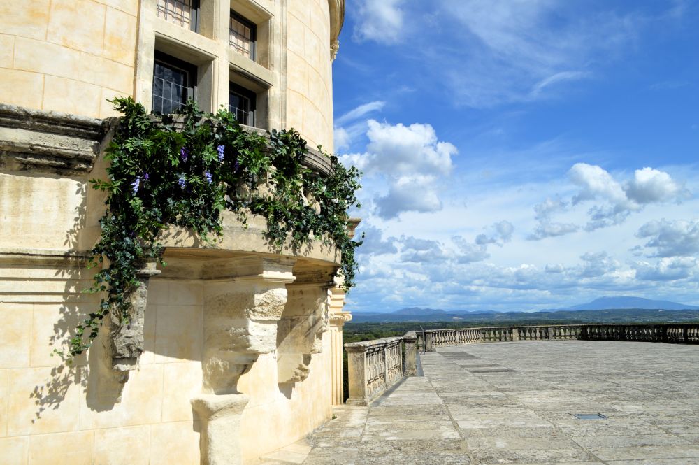 un balcon recouvert de feuillage sur la tour d'un château