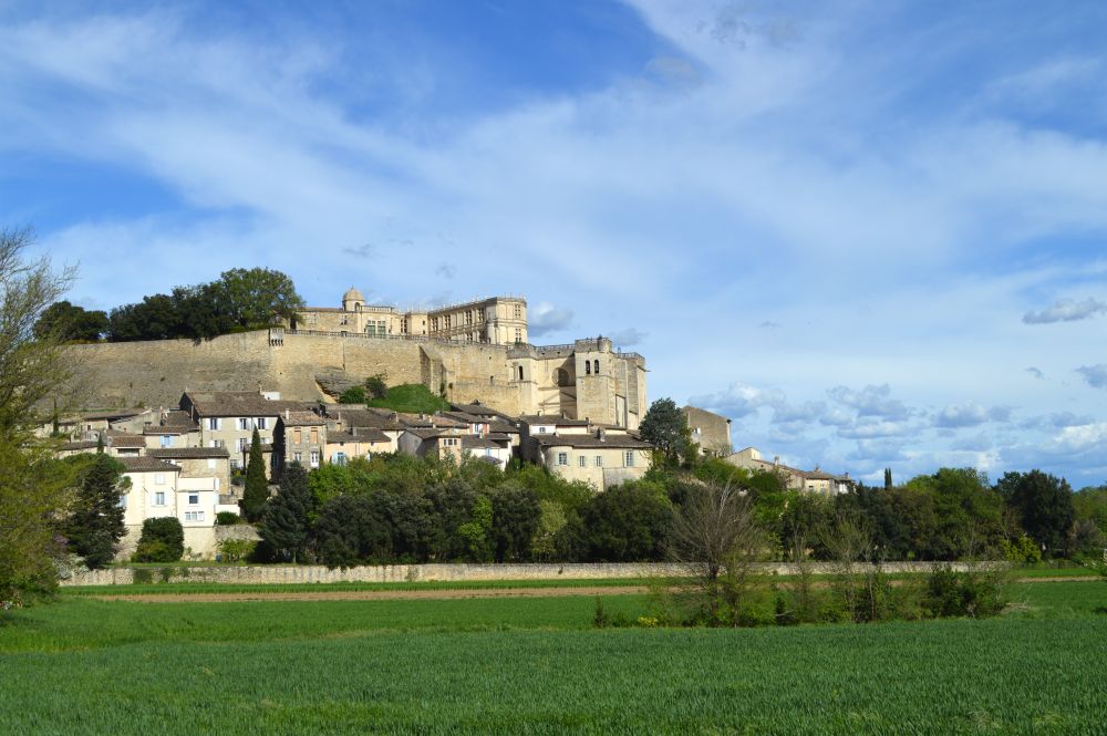 vue sur le village et le château de Grignan depuis la campagne