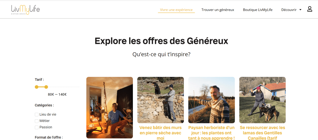 Capture écran de la page de recherche d'une offre sur le site internet LivMyLife.net