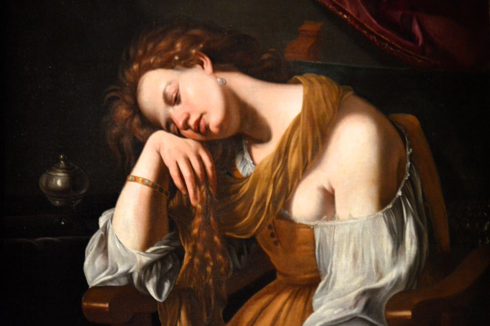 Détail d'un tableau d'Artemisia Gentileschi représentant Marie-Madeleine pénitente