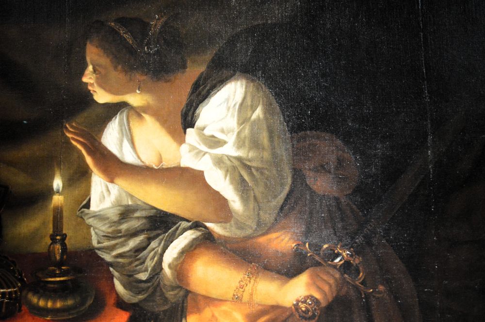 Détail d'un tableau d'Artemisia Gentileschi représentant Judith qui vient de décapiter Holopherne