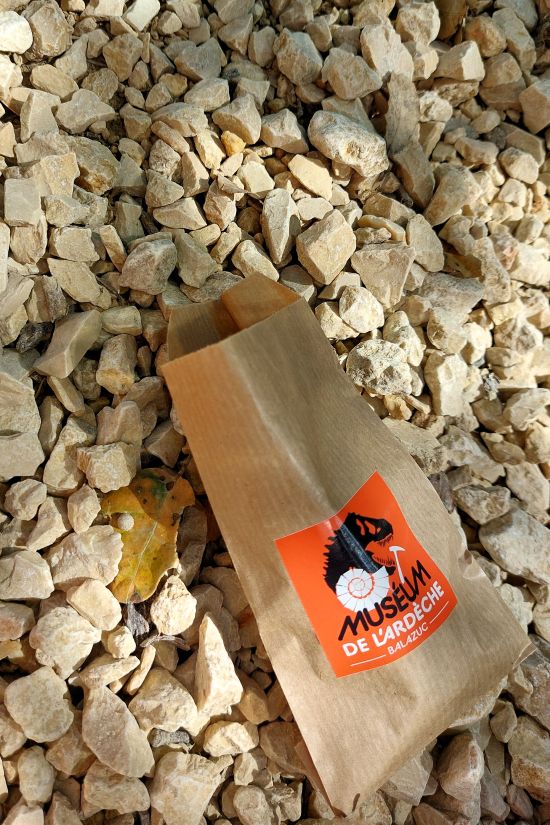 un petit sachet en papier avec le logo du muséum de l'Ardèche posé sur des cailloux