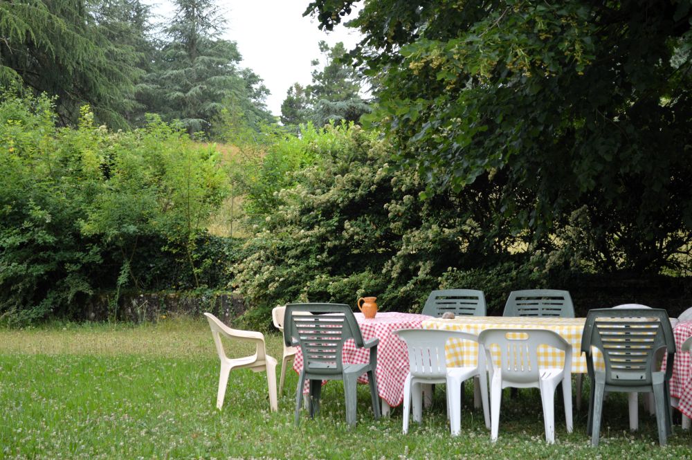 des tables et des chaises de jardin sous les arbres
