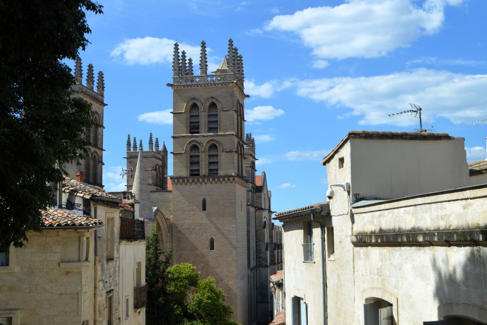 vue sur la cathédrale de Montpellier depuis la place de la Canourgue