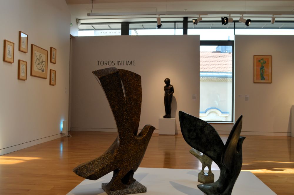 dessins et sculptures de Toros avec au premier plan plusieurs colombres