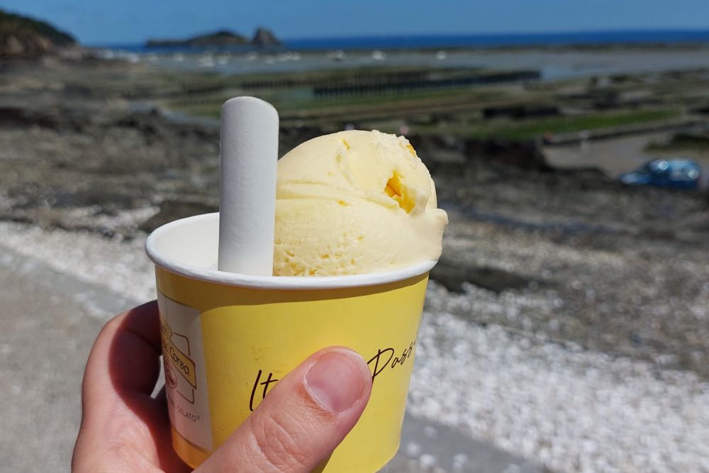 un pot de glace dans une main avec les parcs à huitres de Cancale en arrière plan