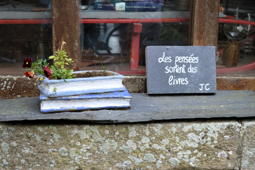 panneau "les pensées sortent des livres" à côté d'un pot de fleurs en forme de livres avec des pensées dedans
