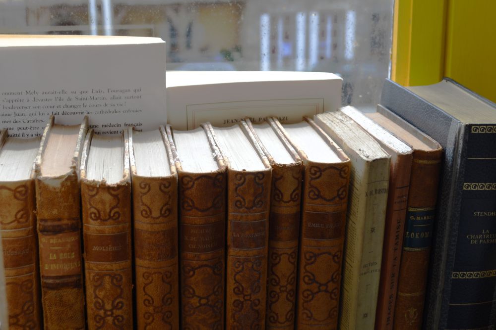 rangée de livres anciens sur un rebord de fenêtre