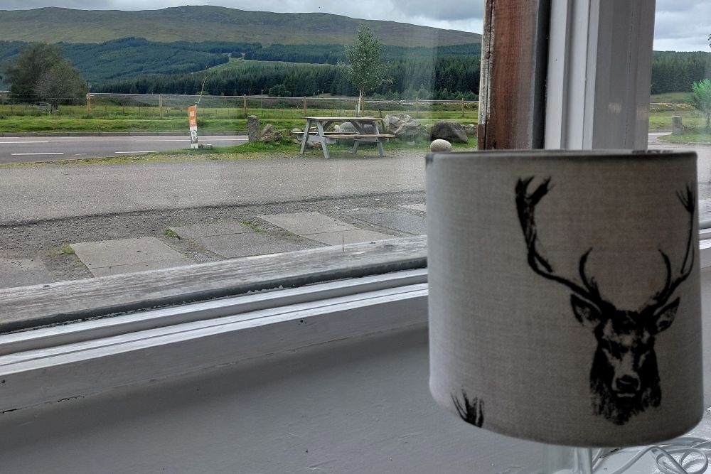 vue sur les montagnes par une fenêtre en bord de route avec au 1er plan un abat jour à motif de tête de cerf