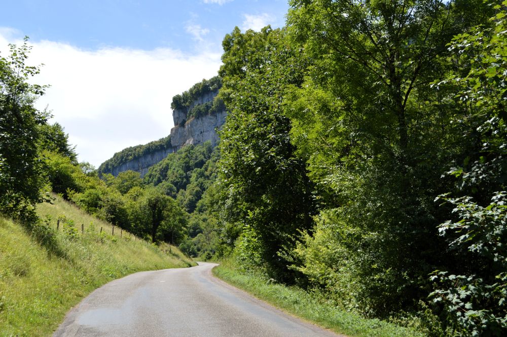 une route bordée de végétation et qui passe au pied d'une falaise calcaire