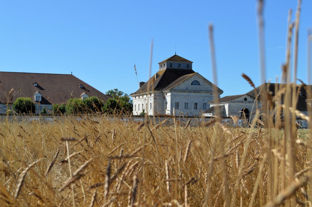 la maison du directeur de la saline royale d'Arc et Senans avec un champ de céréales au premier plan