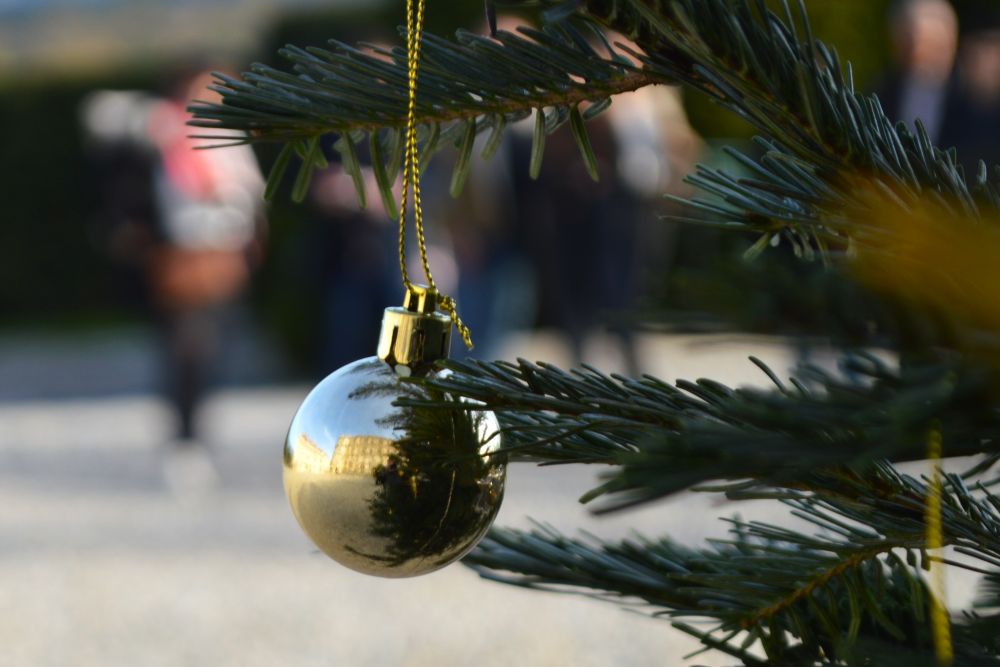 reflet d'une façade de château dans une boule de Noël