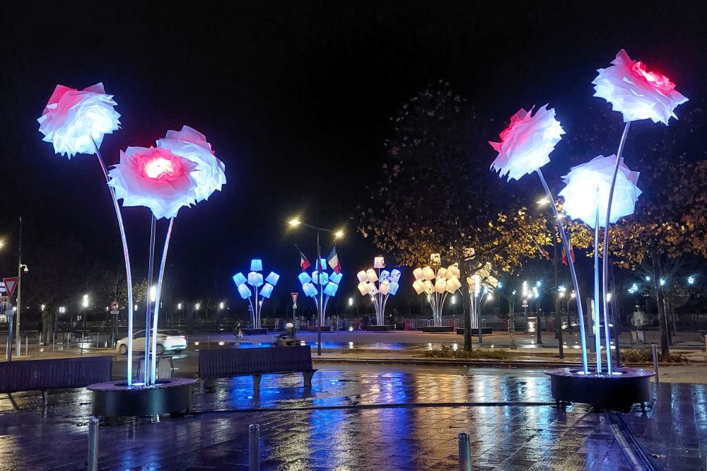 installations lumineuses en forme de fleurs géantes au premier plan et de lampadaires géants au second plan, de nuit