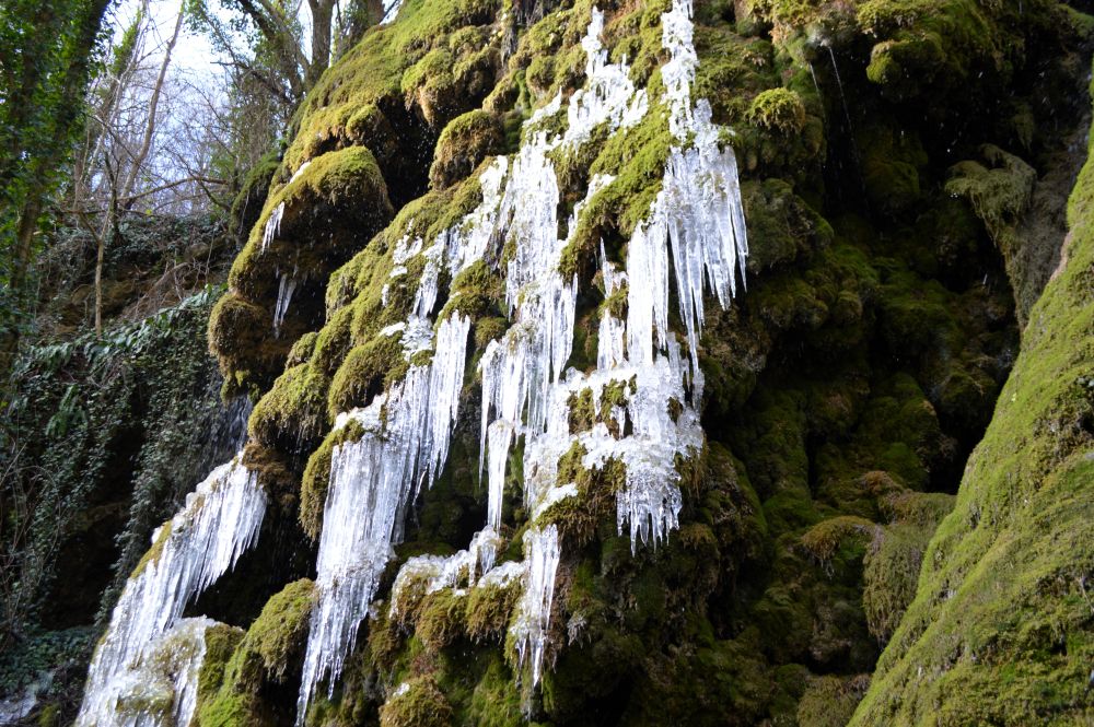 stalactites de glace aux abords de la cascade de la Pissoire dans les gorges d'Omblèze en hiver