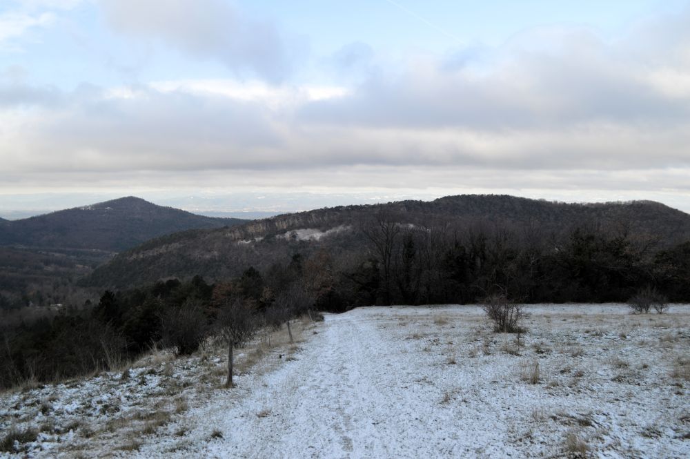 chemin légèrement enneigé dans un paysage de basse montagne