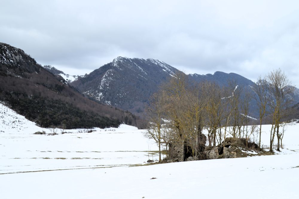 paysage enneigé du Vercors avec une ferme en ruines