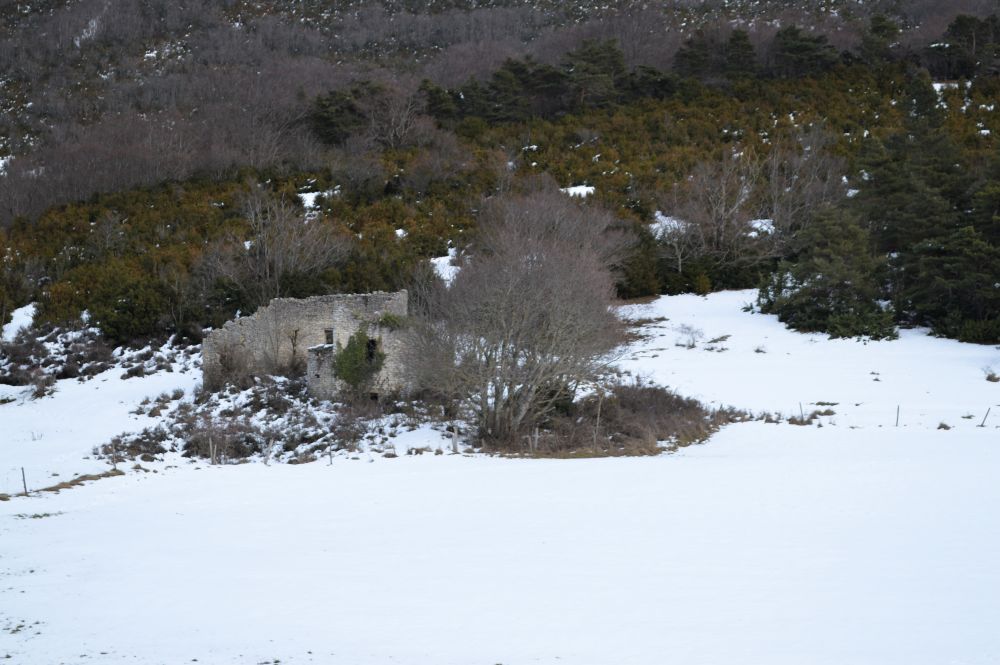 ferme en ruines dans un paysage enneigé
