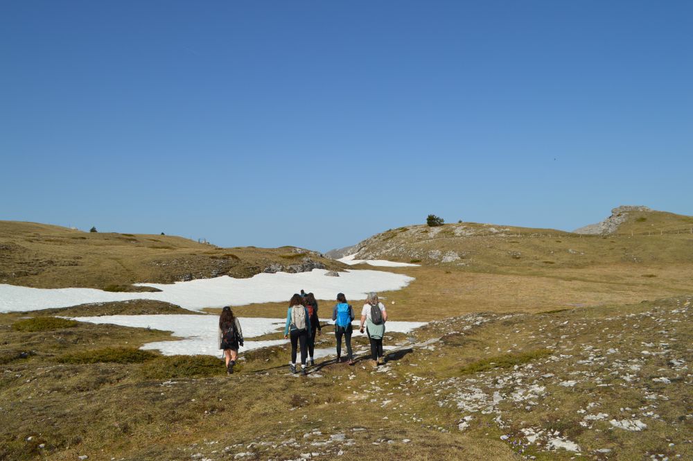 des randonneuses de dos sur un alpage au début du printemps