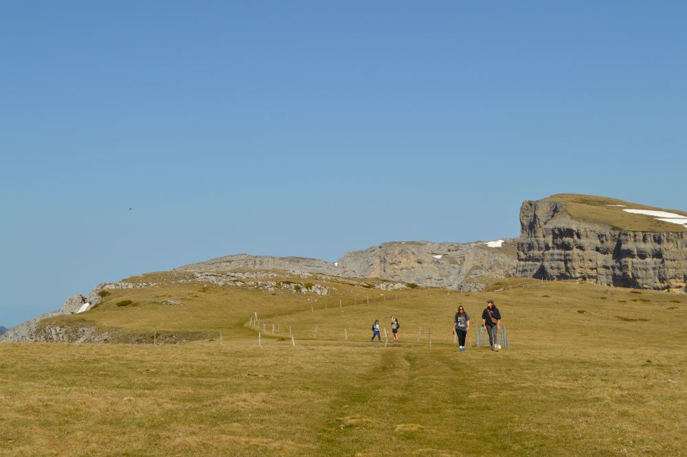 des randonneuses sur l'alpage de Font d'Urle au printemps