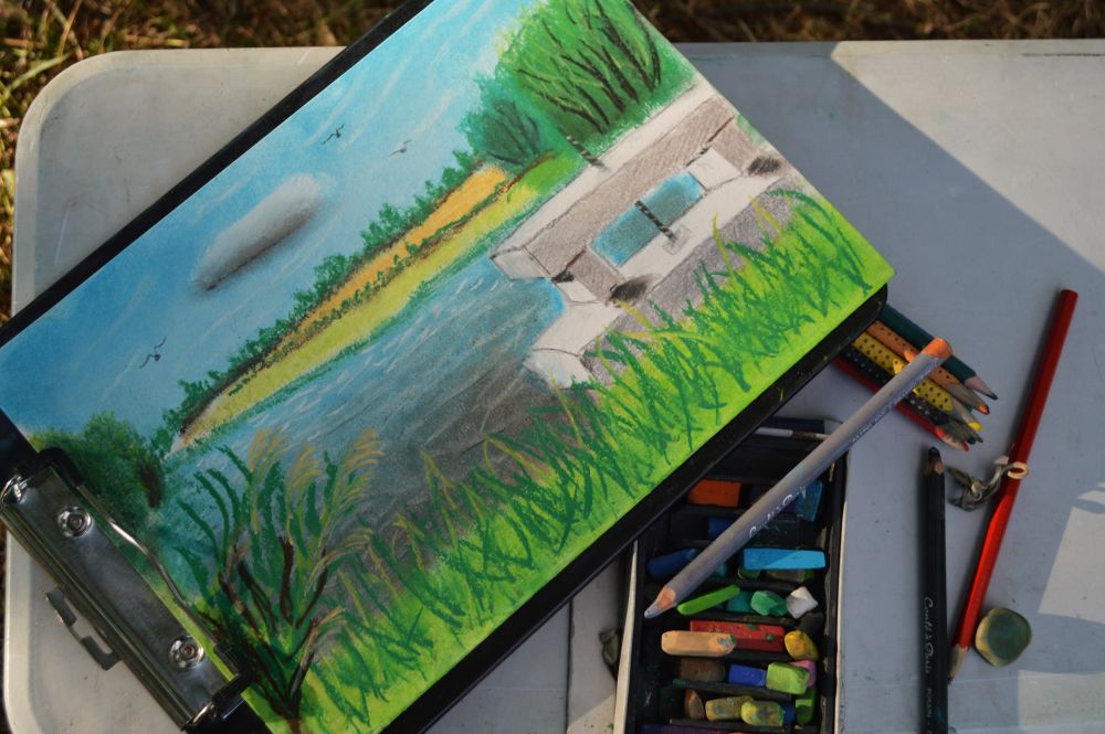 dessin d'un étang de la Dombes en cours de réalisation