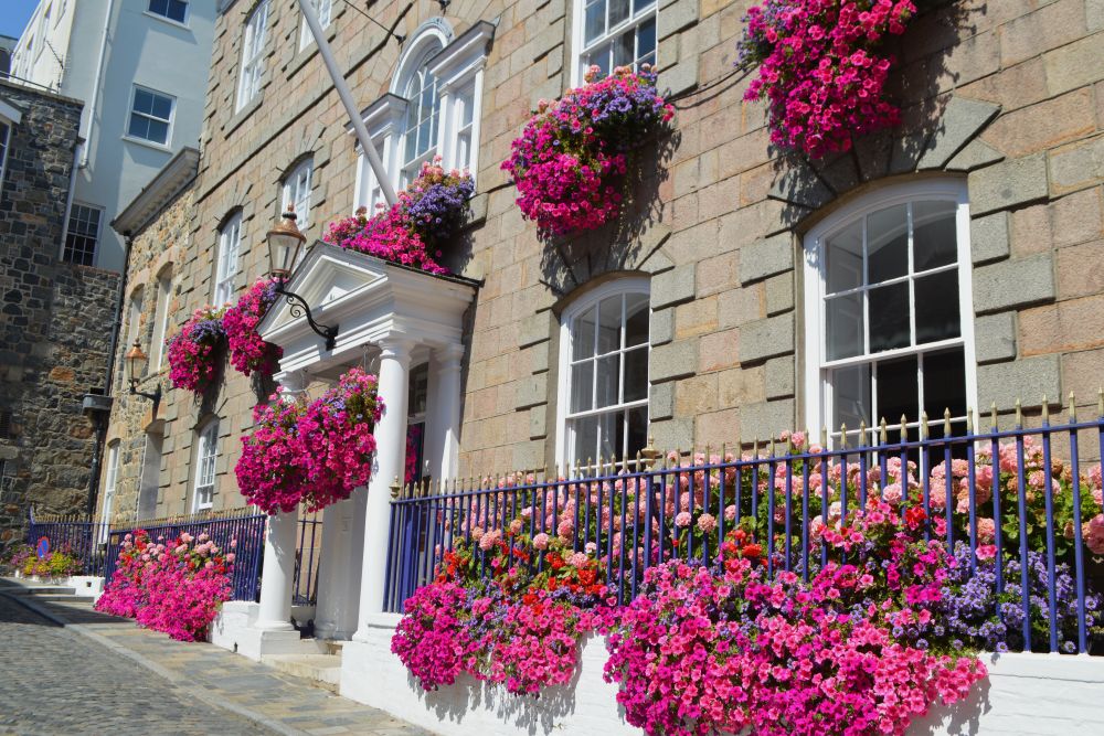 rue de Saint Peter Port à Guernesey avec des façades fleuries
